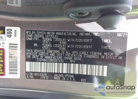 2021 Toyota Sienna Xle from USA, damaged, VIN 5TDYRKEC0MS067420